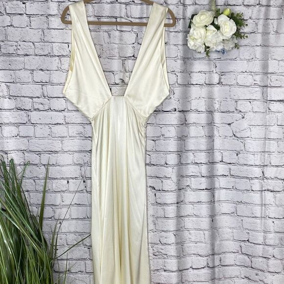Silk Maison Washable Silk Plunging V-Neck High Slit Maxi MIDI Dress Cream XS New - Picture 8 of 15